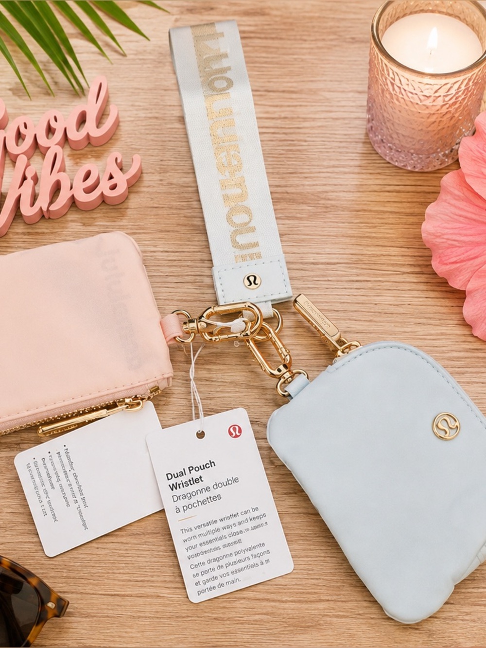 Lululemon Dual Pouch Wristlet Pastel Pink Blue Gold Hardware NWT